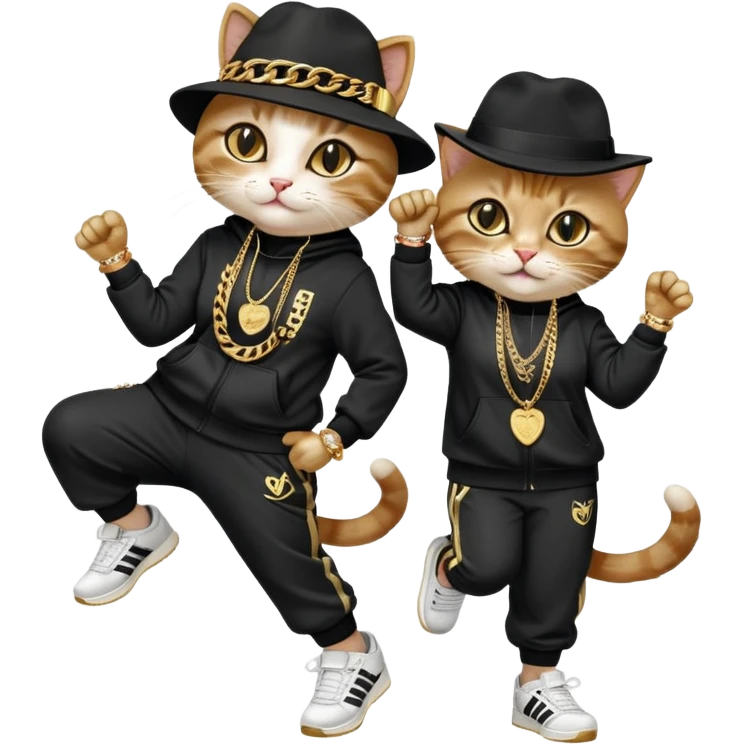 female cat dressed like Run DMC in tracksuit, fedora, Adidas shoes, lots of gold chains, rings, bracelets, earrings, dancing with a friend, no sunglasses emoji
