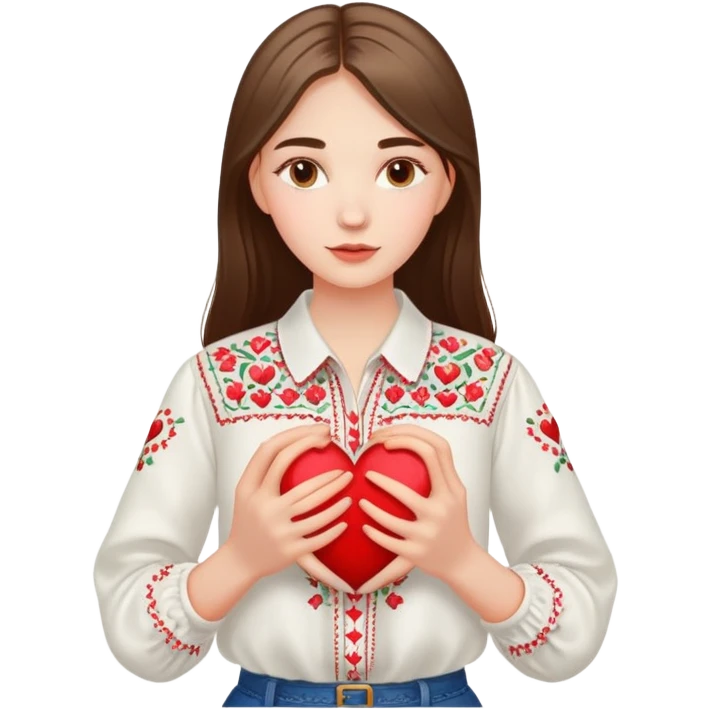 Beautiful young girl in a white Ukrainian embroidered shirt holds a large embroidered heart in her hands emoji