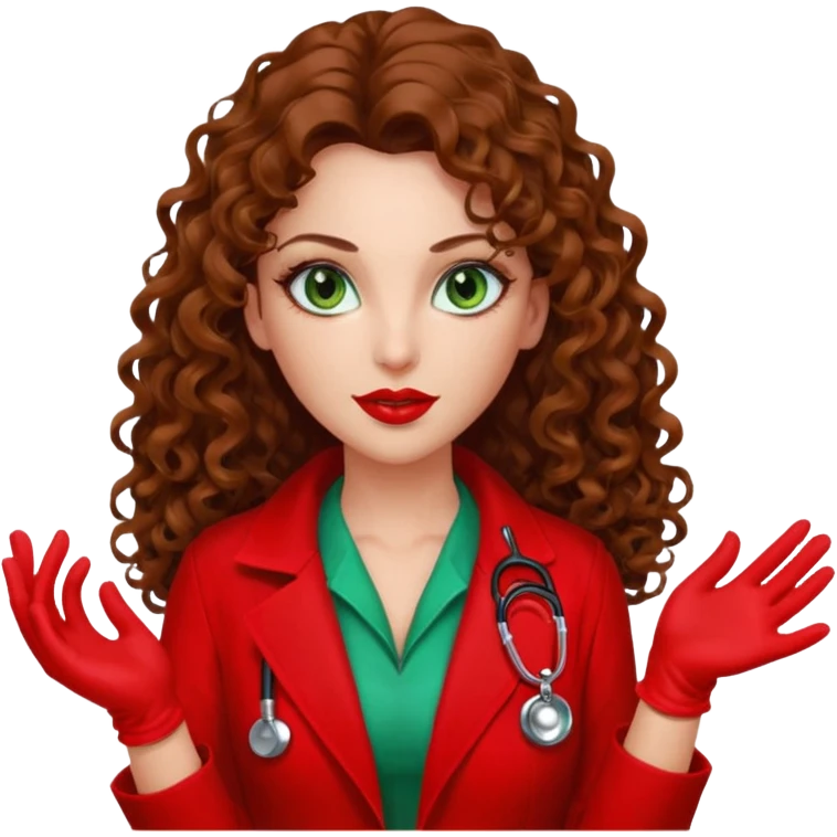 Spanish sexy evil woman. She has green eyes.  had brown long curly hair.  evil surgeon kills with needle wears red sexy doctor coat with red long mouth cover red gloves.  emoji
