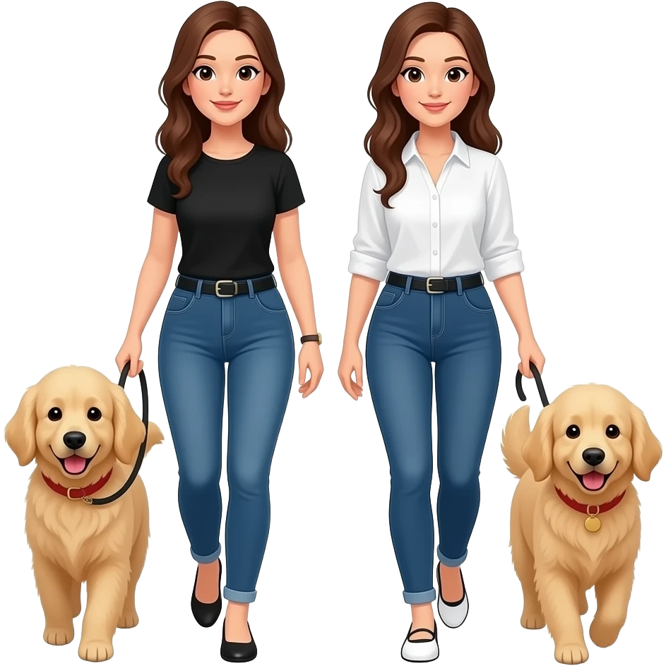 two brown haired women wearing black shirt, one wearing white shirt. walking two goldendoodles emoji