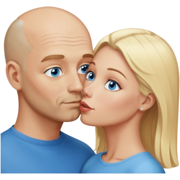 middle age bald man with salt and blonde scruff, blue eyes a.  Kissing blonde woman with blue eyes emoji