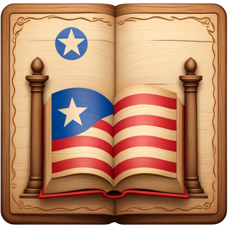 Timeless book with Puerto Rican flag design, theater stage symbol carved in wood, parchment and wooden textures, warm tones with a subtle glow, representing the history of scenic design emoji