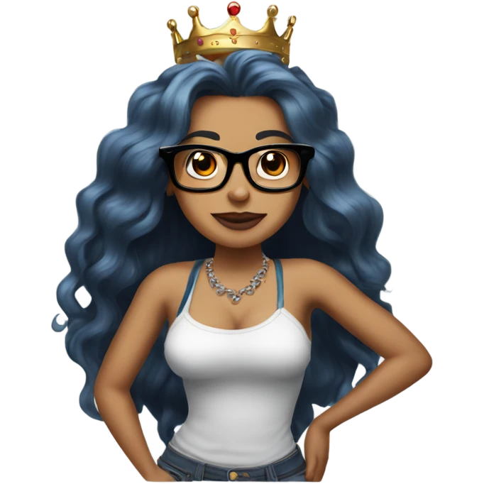 Pinupx long length hair. Wears a crown and tattoos and glasses emoji