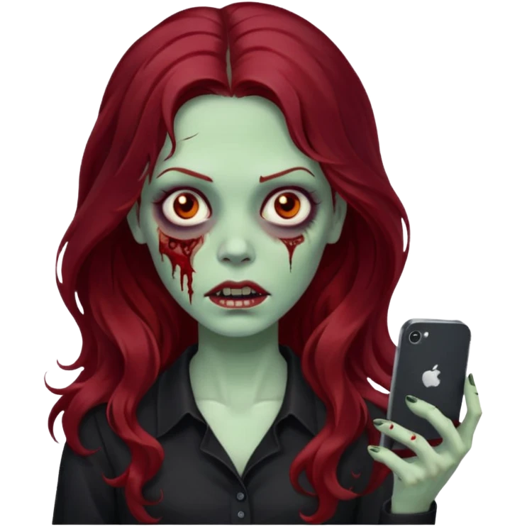 Faça me um emoji de um zumbi mulher de cabelos vermelho escuro longos ondulado usando uma blusa preta, faça no estilo iphone emoji
