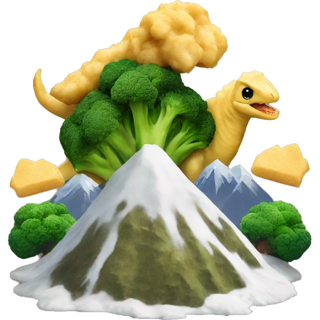 Dinosaur shaped nuggets with mountain of mashed potatoes with broccoli trees emoji