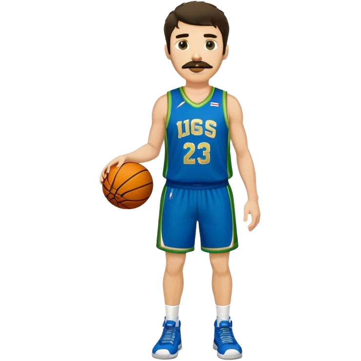 Full Body  white male basketball player with short shaggy dark hair and gold tee mustache wearing blue and green uniform emoji