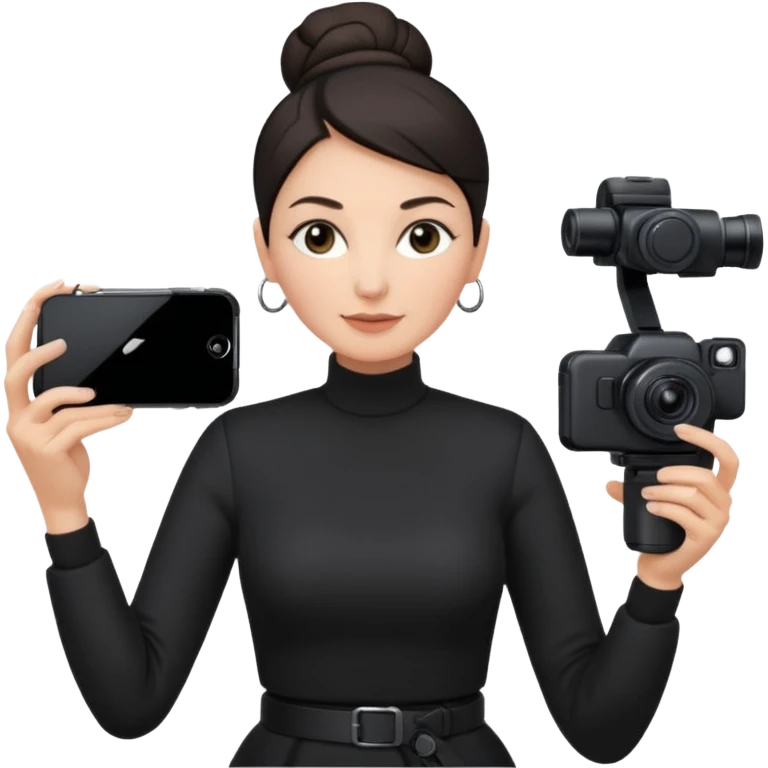 middle aged woman photographer with dark hair, slicked back in a bun, wearing black clothes, carrying a canon r5 and an iPhone on a gimbal emoji