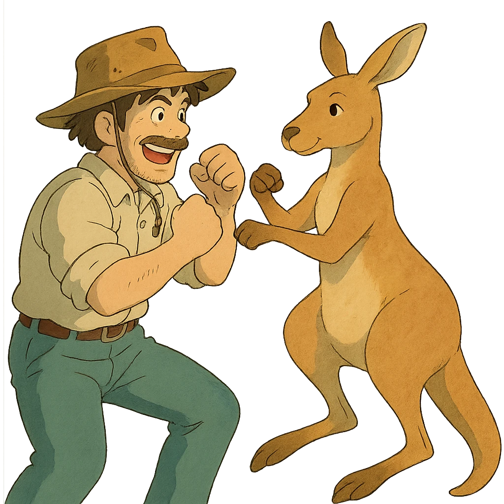 ghibli style illustration of a man with an Australian hat in a playful fight with a kangaroo emoji