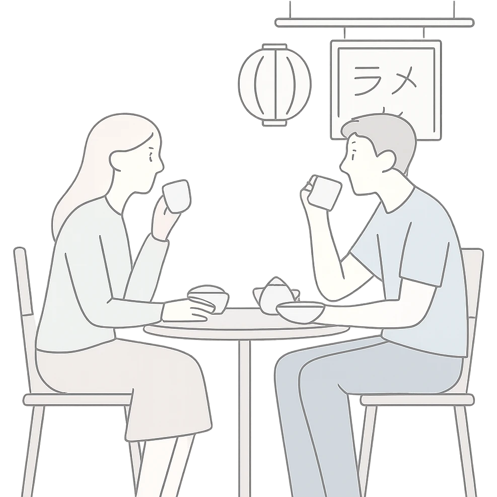 A minimalist illustration of a couple sitting across from each other at a small table in a Japanese street cafe, enjoying tea and food, with soft lines and pastel colors emoji