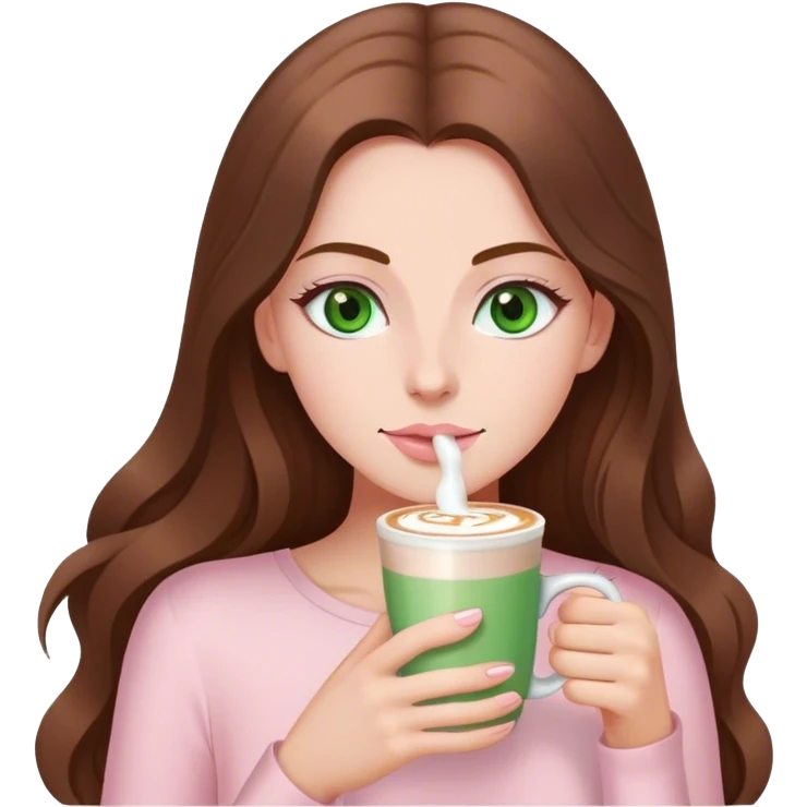 pretty woman with very long brown hair and green eyes and light pink outfit drinking a latte emoji