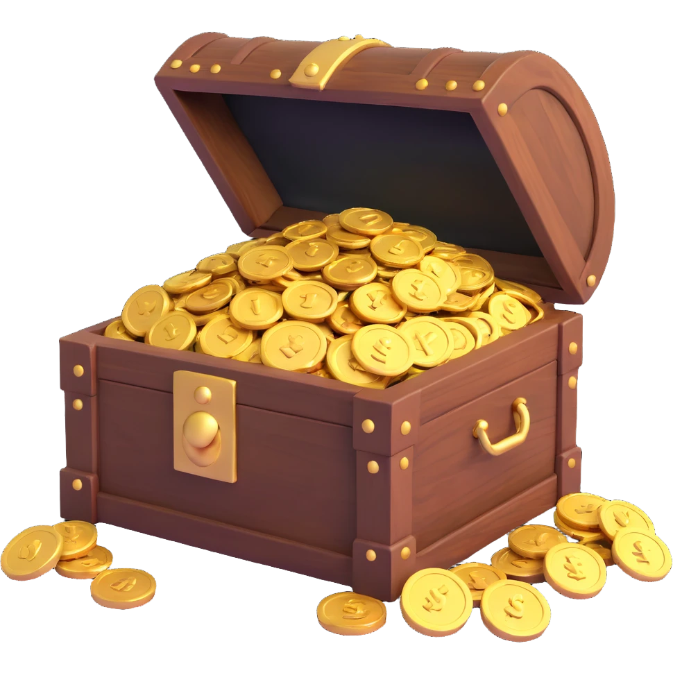 wooden treasure chest overflowing with gold coins emoji