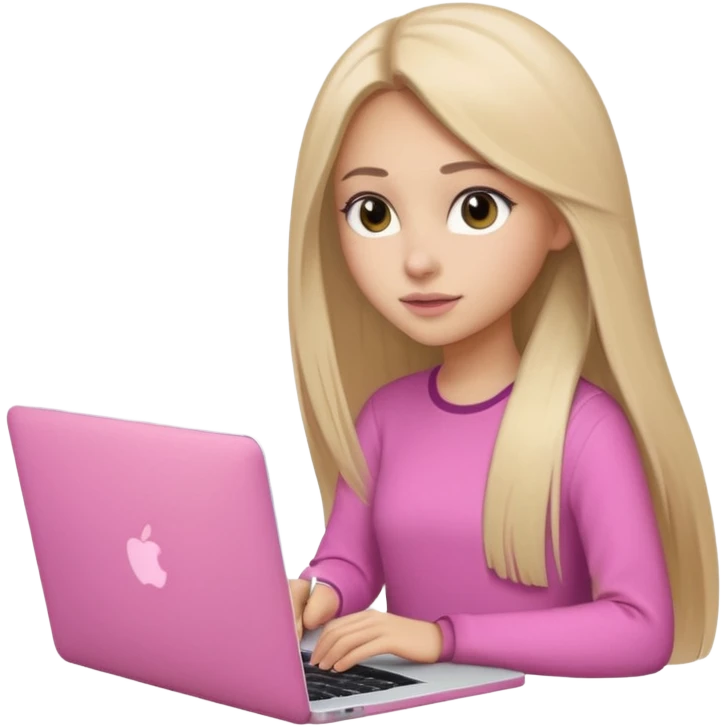 Chica lacia peli larga en una MacBook rosa investigando y haciendo tareas con un libro de apuntes y con cara muy linda como modelo emoji