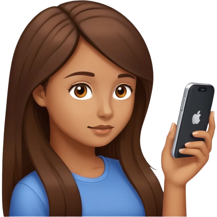 A girl with tan skin brown eyes,brown long hair and using her phone emoji