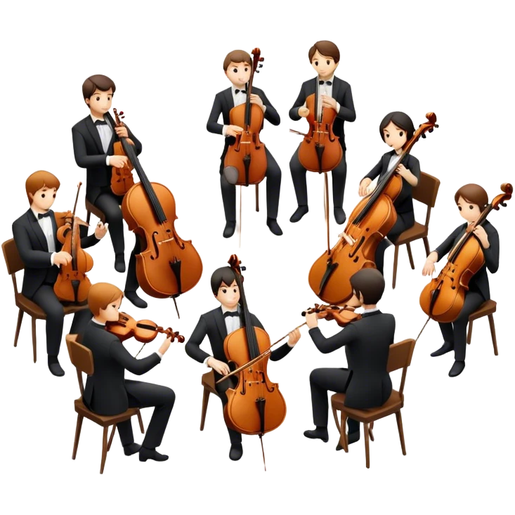 Icon for Classical Music: chamber orchestra with musicians playing string instruments (violins, violas, cellos) and a conductor leading the ensemble. The intimate, refined atmosphere. Transparent background. emoji