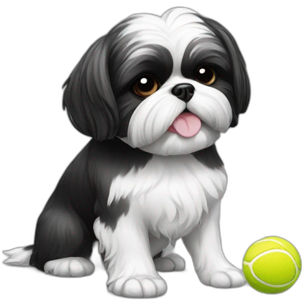 shih tzu dog black and white holding a tennis ball in mouth emoji