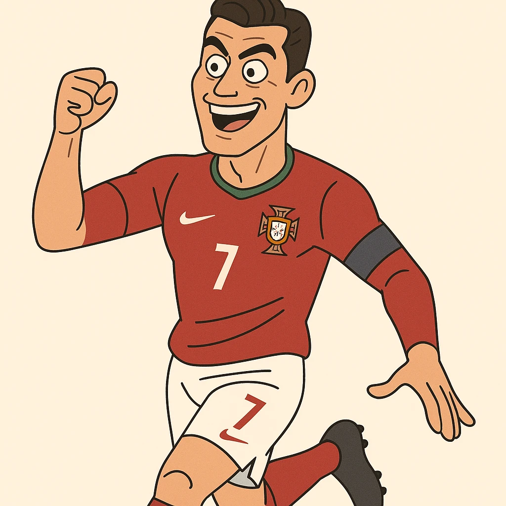Cristiano Ronaldo, cartoon style, exaggerated features, football uniform, dynamic pose, cheerful expression emoji