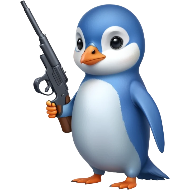 Blue pingüin with a small gun in his hand  emoji