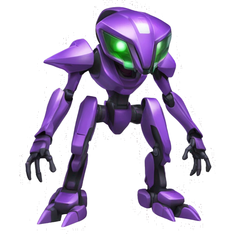 a shiny black-green-purple Genesect-Raptor-Fakémon-Medabot-hybrid with a futuristic visor-helmet full body emoji
