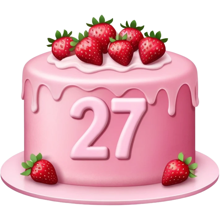 Pink cake with strawberries and 27 on it  emoji