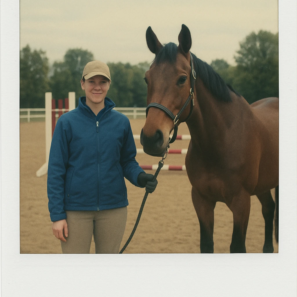 polaroid-style photo of a person standing next to a horse on a horse course, wearing a blue jacket, classic polaroid white frame, slightly vintage faded photo effect emoji