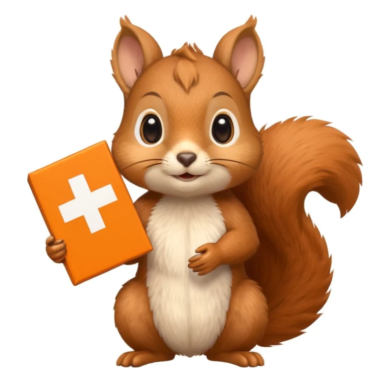 a squirrel holding an orange gift box in one hand and a Swiss flag in the other, both objects clearly visible, simple white background, the gift is a different color from the flag emoji