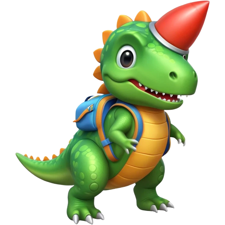 cute toy-like rocket-propelled dinosaur, rounded shapes, glossy texture, colorful rocket backpack, happy expression, 3D cartoon, mobile game icon style, clean background, no text, no watermark
 emoji