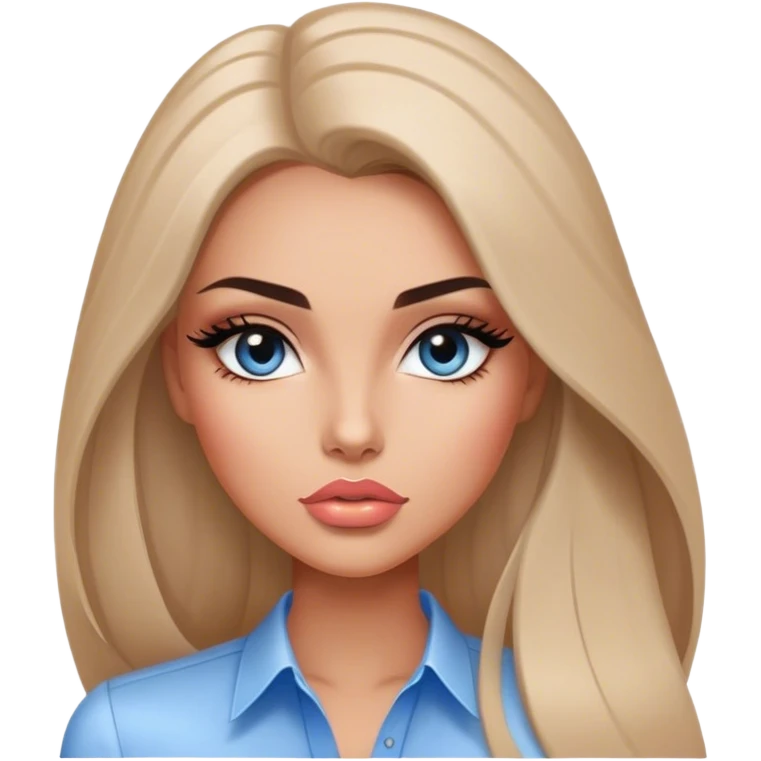 Glamours, tanned, very beautiful girl, with big pump peach-beige-rose lips, long long lashes, black straight smooth silky long hair, straight parting hair, blue-grey eyes, in white shirt emoji
