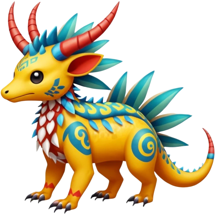Colorful Exotic Pokémon-Fakémon-hybrid-creature (full body) with tribal intricate splash-markings and patterns and furs and scales and spikes and fins and horns  emoji