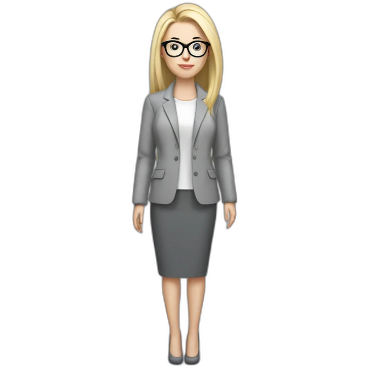 full height pale skin woman with cold blonde straight hair, care haircut, White blouse, Gray oversize jacket, Gray skirt and glasses in a thin rim holding a color palette in the hands emoji