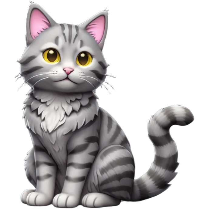 cinematic-[grey tabby cat]-realistic-full-body-sitting-emoji,-tail-curled-playfully-around-its-paws,-head-tilted-dramatically,-scruffy-[grey]-fur,-simplified-yet-realistic-focused-features,-highly-detailed,-glowing-with-an-almost-sarcastic-glow emoji