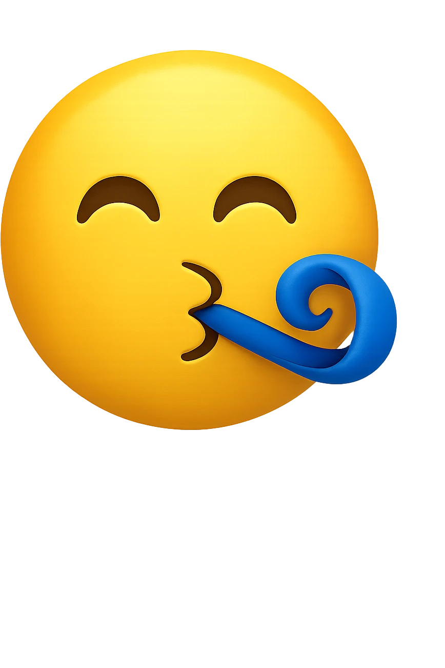 yellow face with blue party streamer, digital illustration emoji