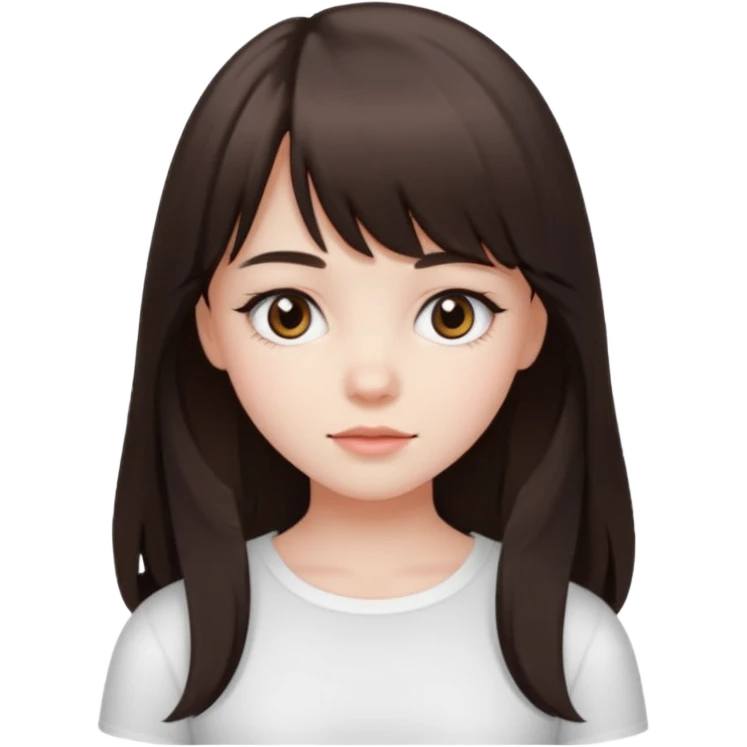 brunette girl with dark brown eyes, pale rosy skin, long hair and wispy bangs and a white top  emoji