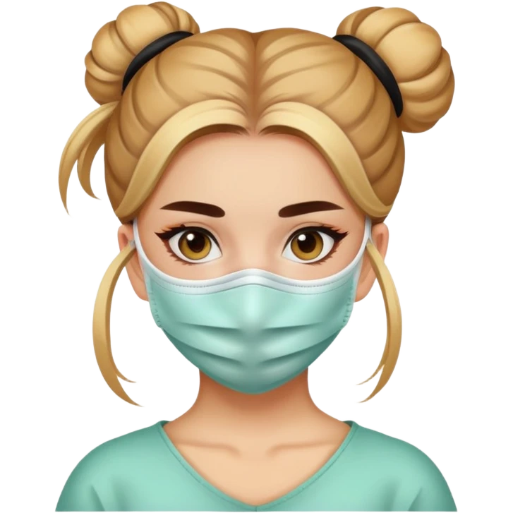 Девушка с маской на лице, на голове пучок  emoji