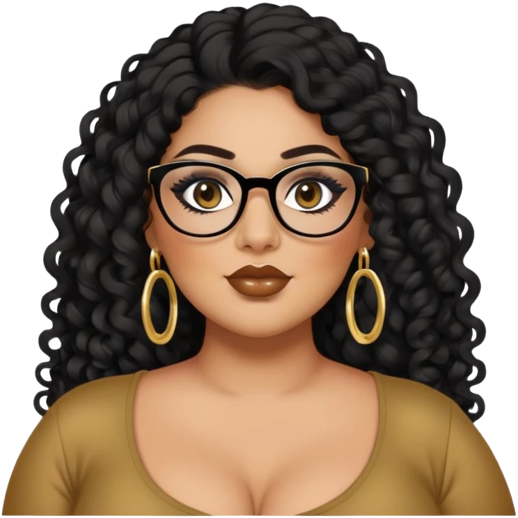 big plus size, latina, darker tan skin, long black curly hair, baddie,pretty, makeup, lipliner, black eyeliner, long hair, gold earrings, black top, glasses emoji