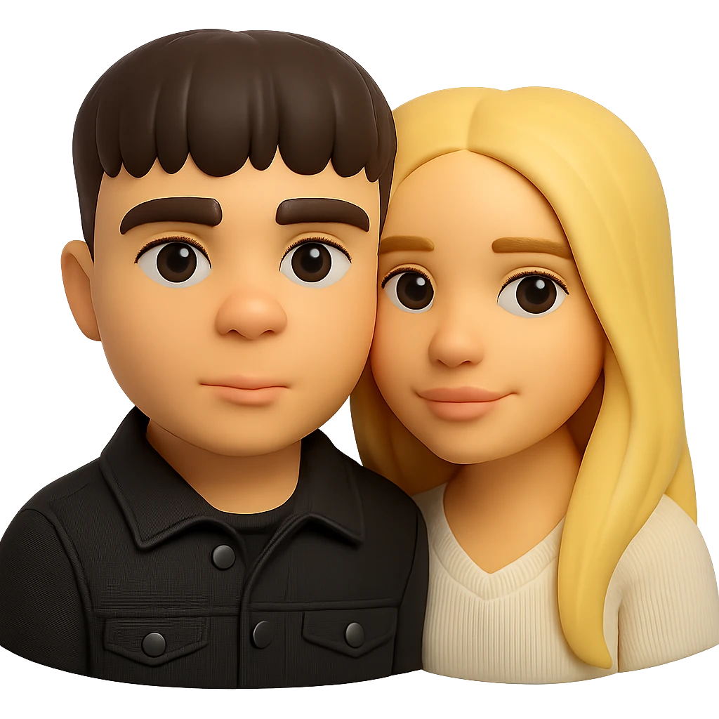 Create a 3D emoji in the Microsoft style of a guy in a black buttoned denim jacket and a girl next to him. Preserve the facial features and overall appearance of both individuals. Remove the background. emoji