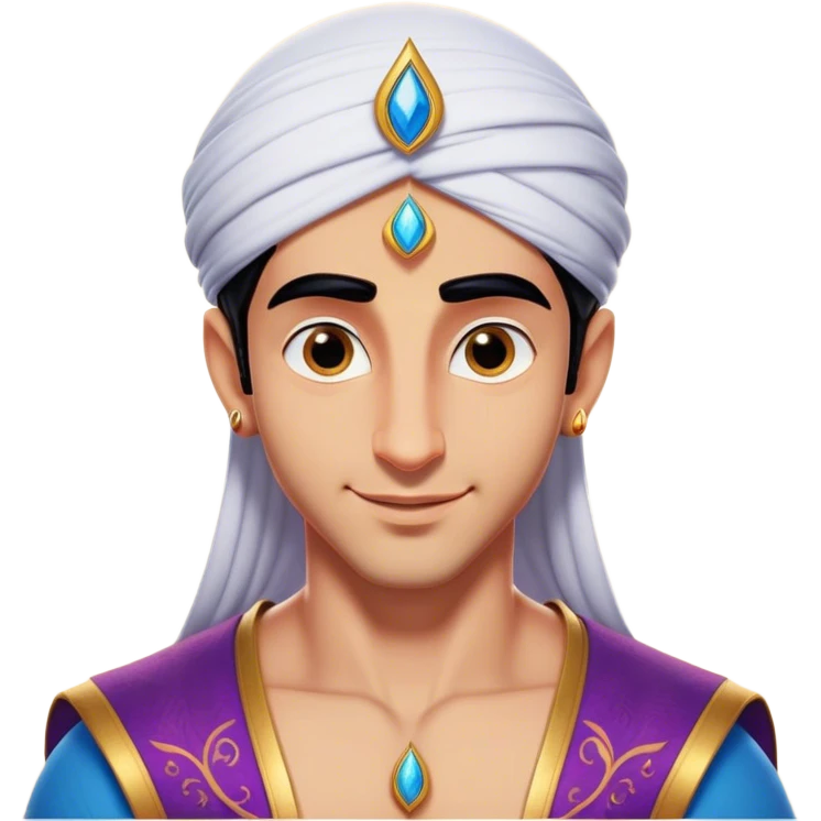 Cinematic Realistic Aladdin Portrait, head tilted playfully and inquisitively, showcasing his roguish charm and bright, mischievous eyes. His signature attire is rendered in exquisite detail with dynamic natural highlights, and a hint of magic sparkles about him—embodying a youthful, adventurous energy with friendly power. emoji