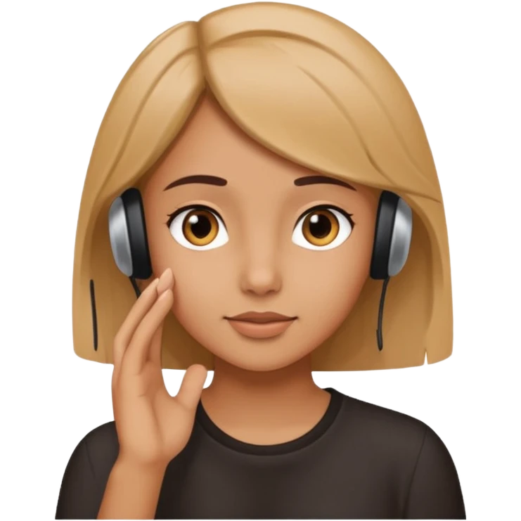 girl listening to viewer, side view, hand to ear emoji