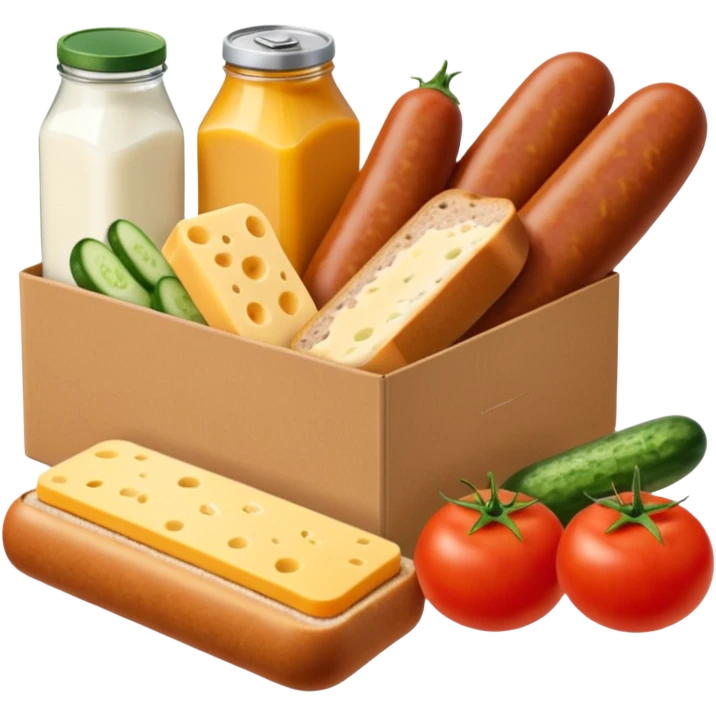 a box of groceries, sausage, cheese, canned meat, herbs, milk, tomatoes, cucumbers, and a loaf of bread emoji