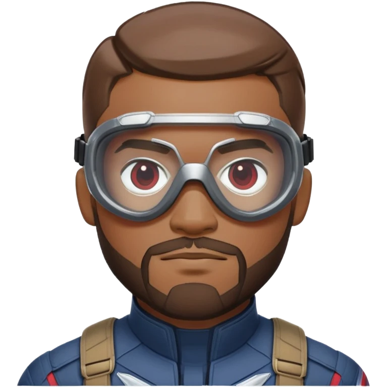 sam wilson with a very short hair close to the scalp and  a well-groomed beard that connects to his mustache,  wear sleek, red-tinted tactical goggles fit snugly from captain america: civil war emoji