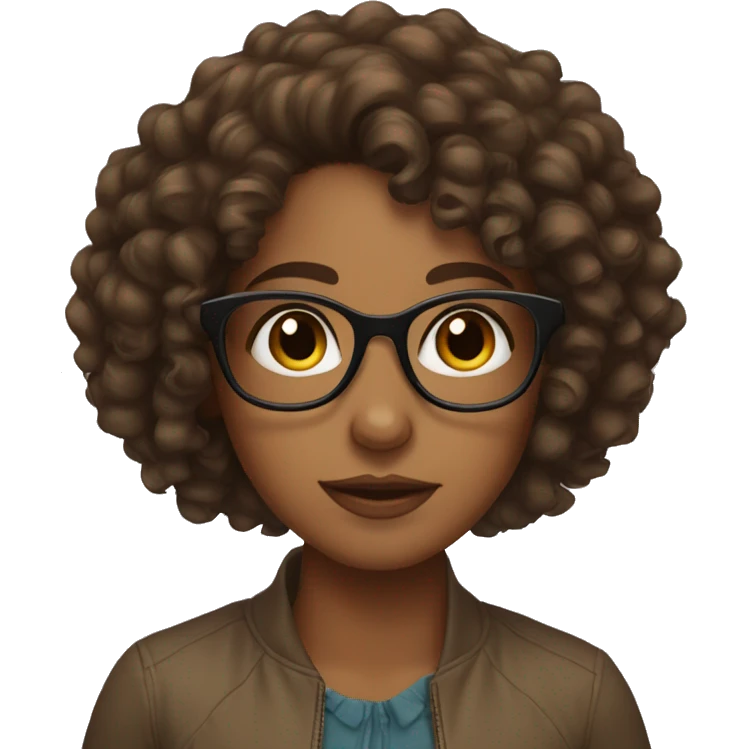 A brown girl with curly hair, brown eyes an glasses emoji