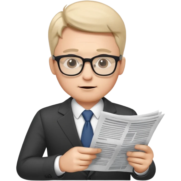 business man wearing glasses reading through a paper list he is holding emoji