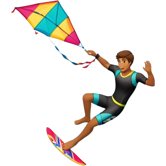 A professional kite surfer performing a high-flying trick on the waves, with a colorful kite soaring above. The background features a stunning landscape of rolling ocean waves, a bright sky, and distant mountains, emphasizing the skill and freedom of the sport. emoji
