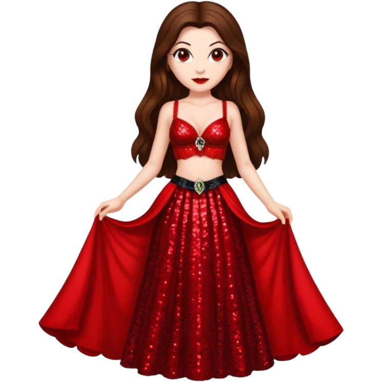 Countess Dracula with long brown hair, red sequin bra, red sequin long skirt  emoji