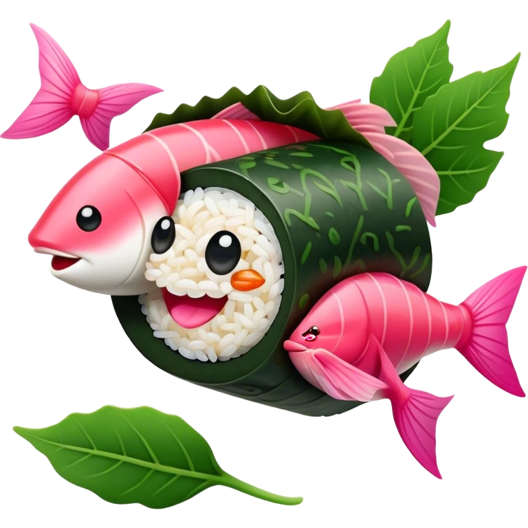 Cute Kawaii Maki Sushi Roll, small and round, wrapped in soft dark green seaweed, tiny grains of rice peeking out, a bright pink fish filling, a cheerful smiling face! emoji