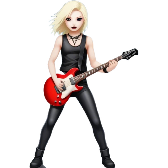 Icon for Heavy Metal: a metal band on stage, with electric guitars, drums, and a powerful vocalist. The atmosphere is intense with flashing lights, music notes, and a crowd of fans. The design should capture the energy and power of a live heavy metal performance. Transparent background. emoji