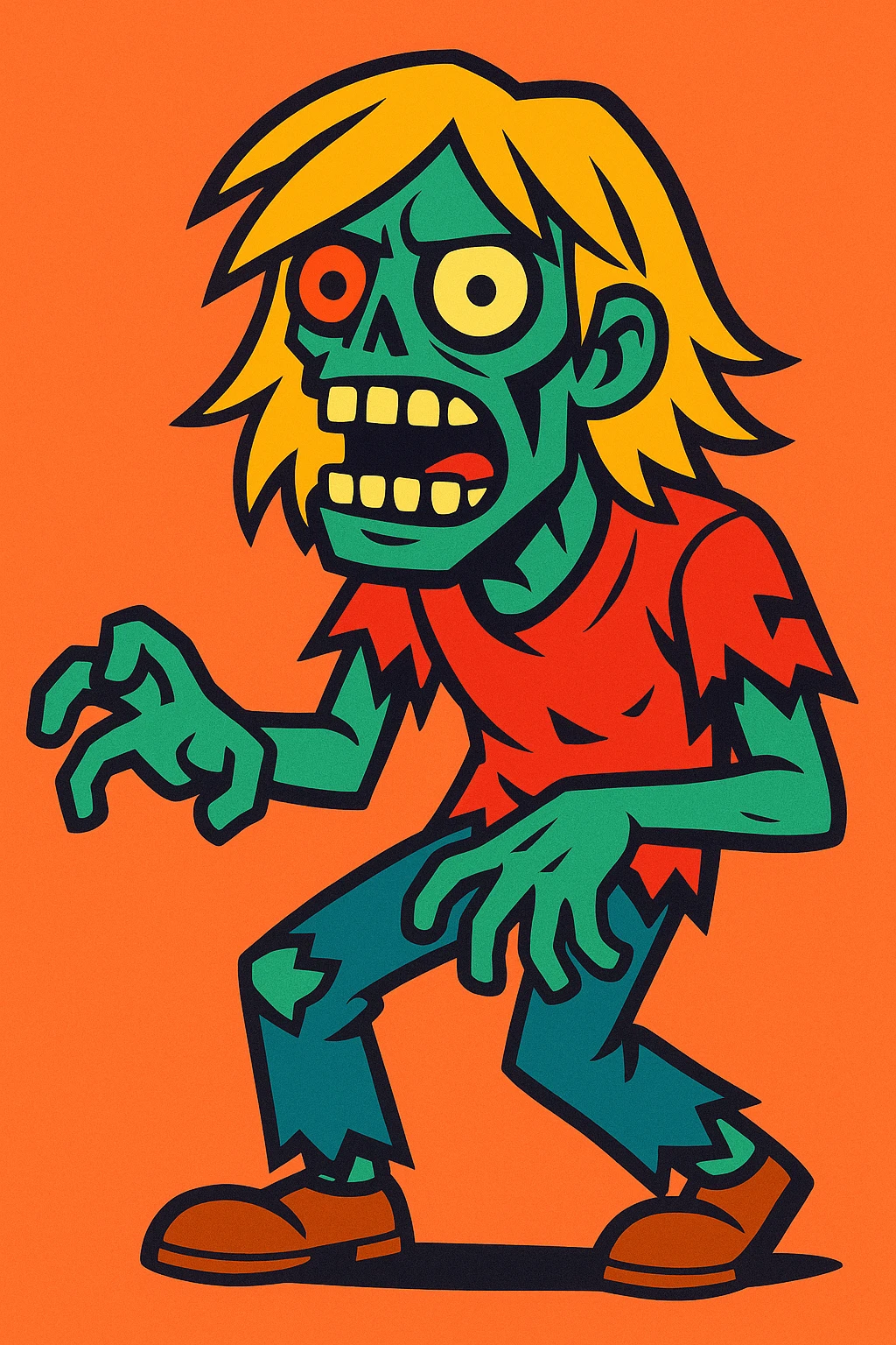 stylized zombie character young man long blond hair exposed teeth torn clothes vibrant comic style emoji