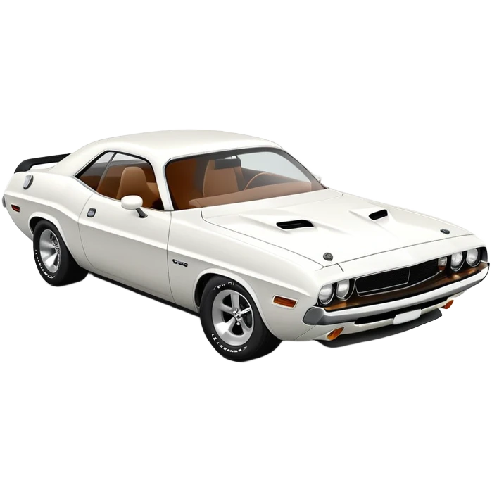 White 1971 Dodge Challenger at 30-degree three-quarter view, detailed front headlights and grille visible, sleek all-white exterior, simplified iOS emoji style emoji
