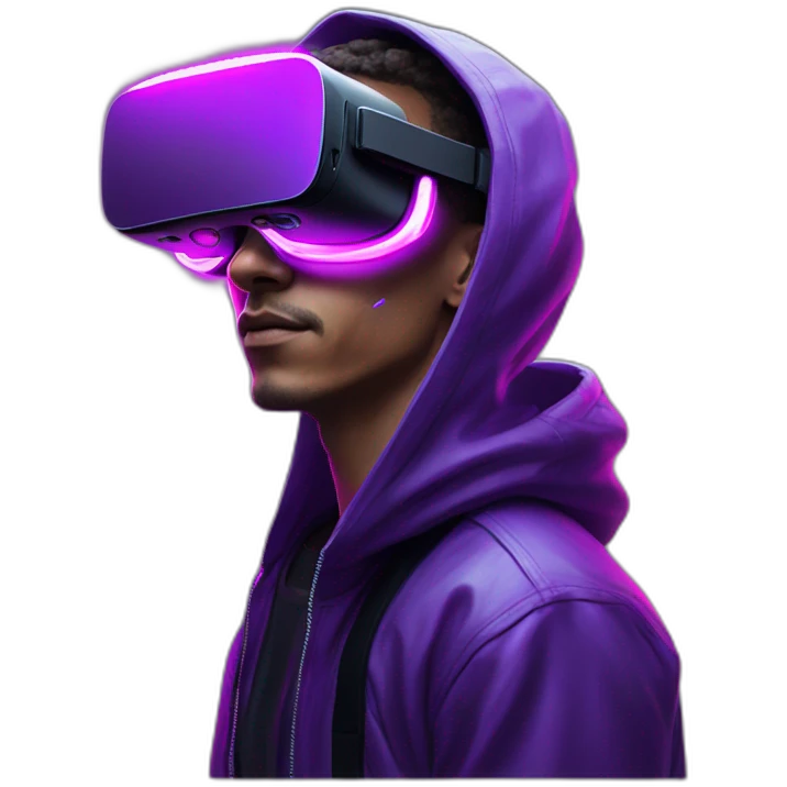 Cyberpunk style. Violet neon. Man with light skin in the black hoody with violet OMG VR logo on it wearing vr headset oculus quest 2 emoji