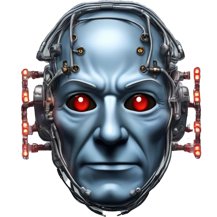Jean luc picard from Star Trek assimilated by the Borg, with mechanical metal covering the left side of his face, with wires and a red light on the left side. Both his eyes are blue. emoji