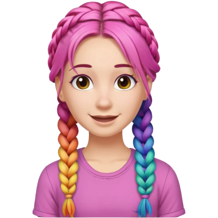 Woman with braided rainbow hair, happy — long braids, pink shirt emoji